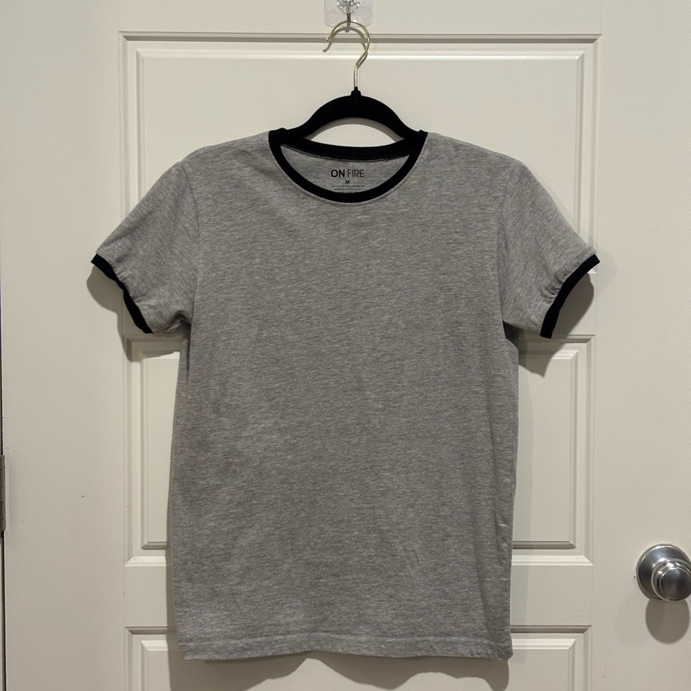 ON FIRE Gray Ringer Tee – Black Trim, Soft Cotton, Casual Everyday Style